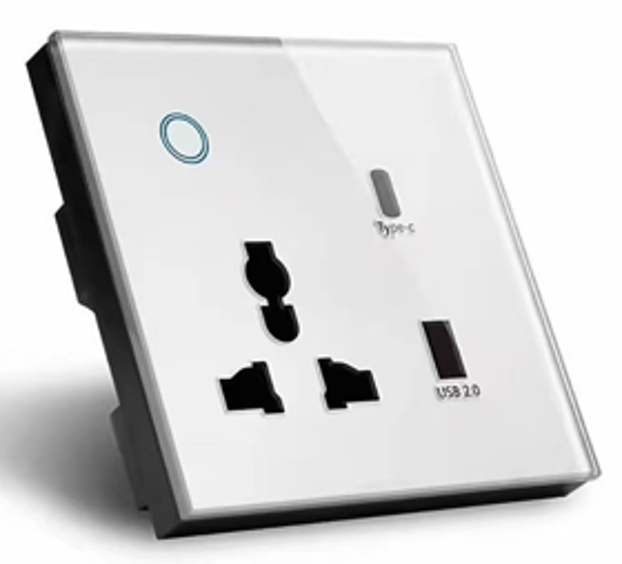 Tuya 86 MF WiFi Socket with USB Type C, Universal Plug + USB-A & USB-C, 16A, Smart App Control, Fast Charge, Alexa/Google, Modern Glass, 100-240V